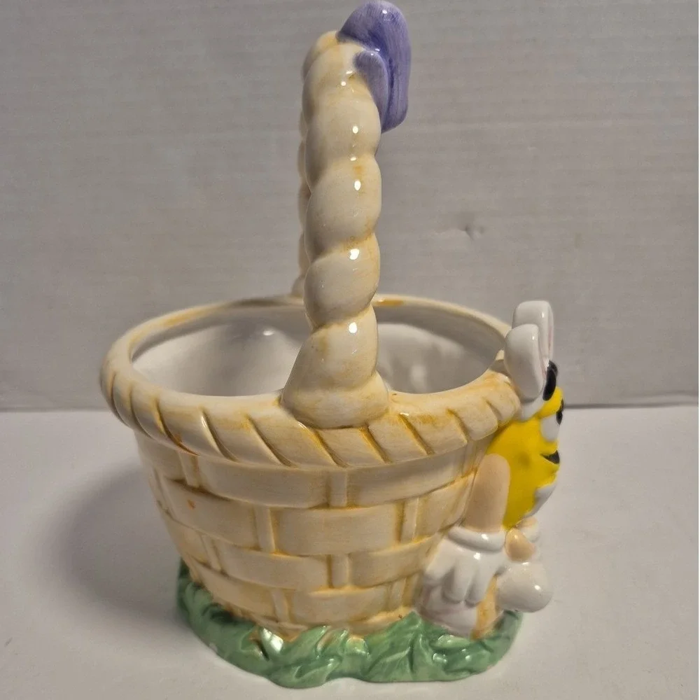 M&M's Ceramic Easter Basket Candy Dish Yellow Red Bunny Ears FTD Multi Vintage